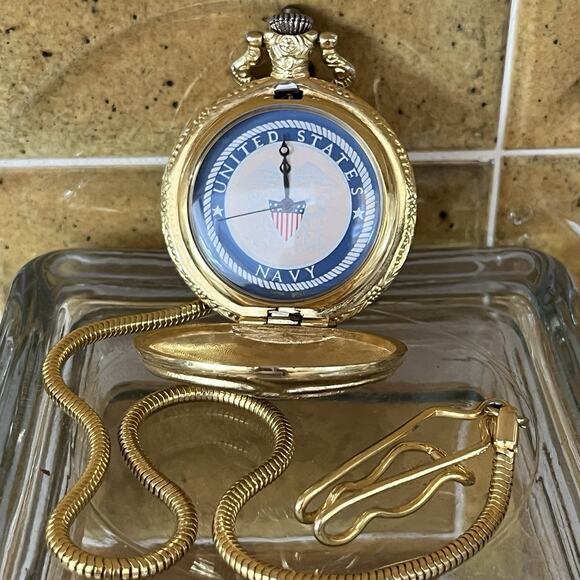 United States Navy Goldtone Pocket Watch Needs Battery - Picture 1 of 5